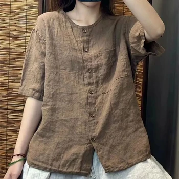 Chiffon Cotton Linen round Neck T-shirt Women Summer New Vintage Art Loose Shirt  Open Cardigan Top 2025 Short Shirt For Women 1