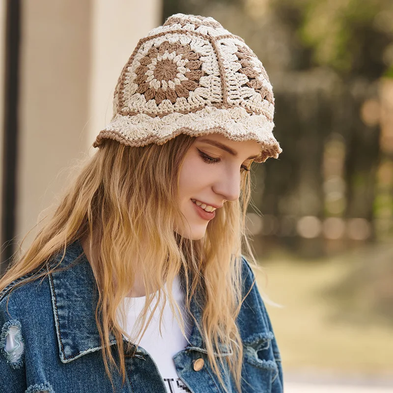 

Fashion Girls Bucket Hat Flower Hollow Hand Crochet Hat For Women Luxury Cap Autumn Winter Knit Fisherman Hat Ladies Panama Caps