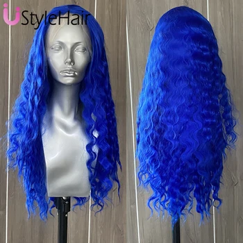 Blue Wig Long Curly Lace Front Wig Synthetic Loose Curly Natural Looking Daily Use Wig Heat Resistant Daily Wear Cosplay Wigs