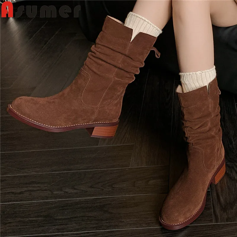 

ASUMER 2024 New Ladies Slip On Pleated Platform Boots Cow Suede Leather Mid Calf Boots Square Med Heels Autumn Winter Boots