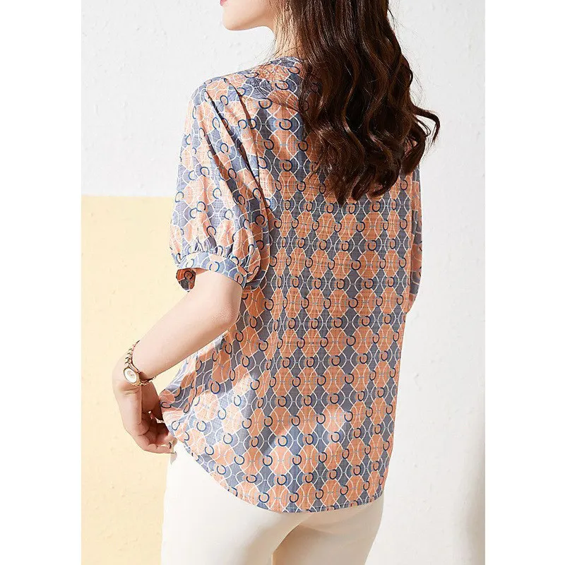 2023 New Summer Fashion Sweet Chic Print Round Neck Short Sleeve Chiffon Tops Blouses for Women Casual Loose Shirts Blusas Mujer