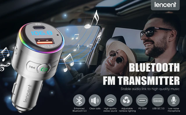 LENCENT FM Transmitter in-Car Adapter, Wireless Bluetooth 5.0 Radio Car  Kit,Type-C PD + QC3.0 Fast USB Charger, Hands Free Calling, Mp3 Player  Receiver Hi Fi Bass Support U Disk 