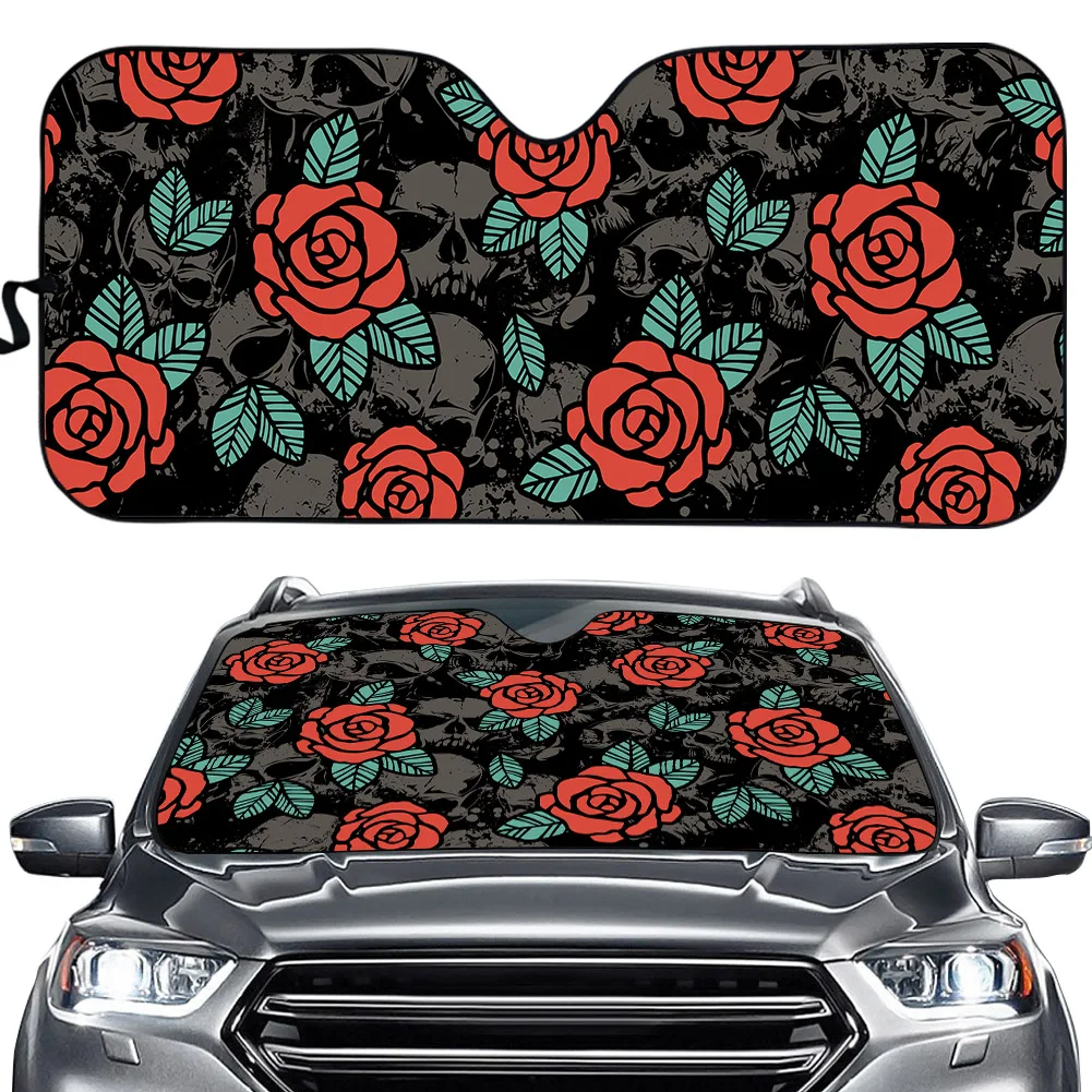 

Aluminum Sunshade for Car Windshield Rose with Gothic Skull Print UV Protection Foldable Punk Style Front Windshield Sun Shades