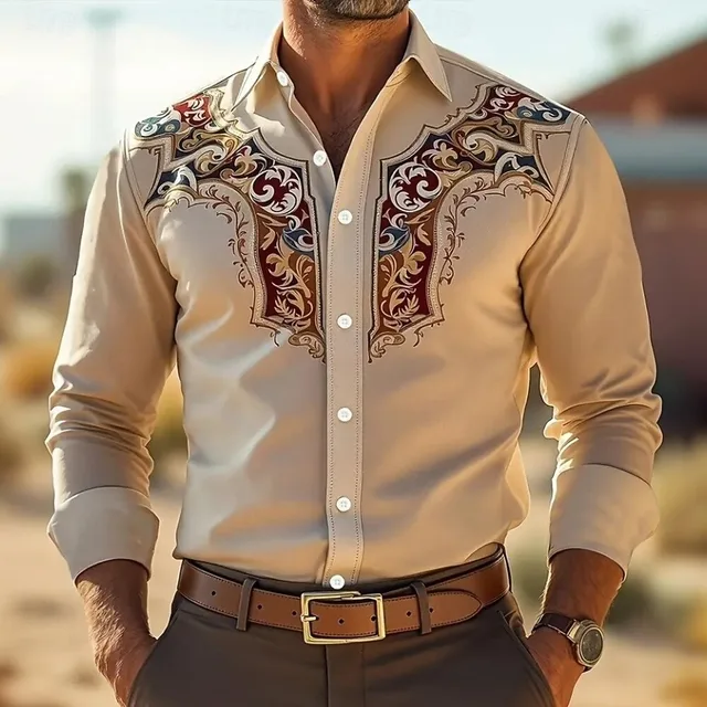 New classic vintage men's shirt four seasons must-have casual flip-over button ethnic style printing new series 1