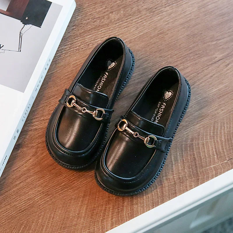 2024 Spring New Girls British Boys Leather Shoes Children Soft Mary Janes Metal Kids Fashion Casual Solid Black Slip-on Loafers 6