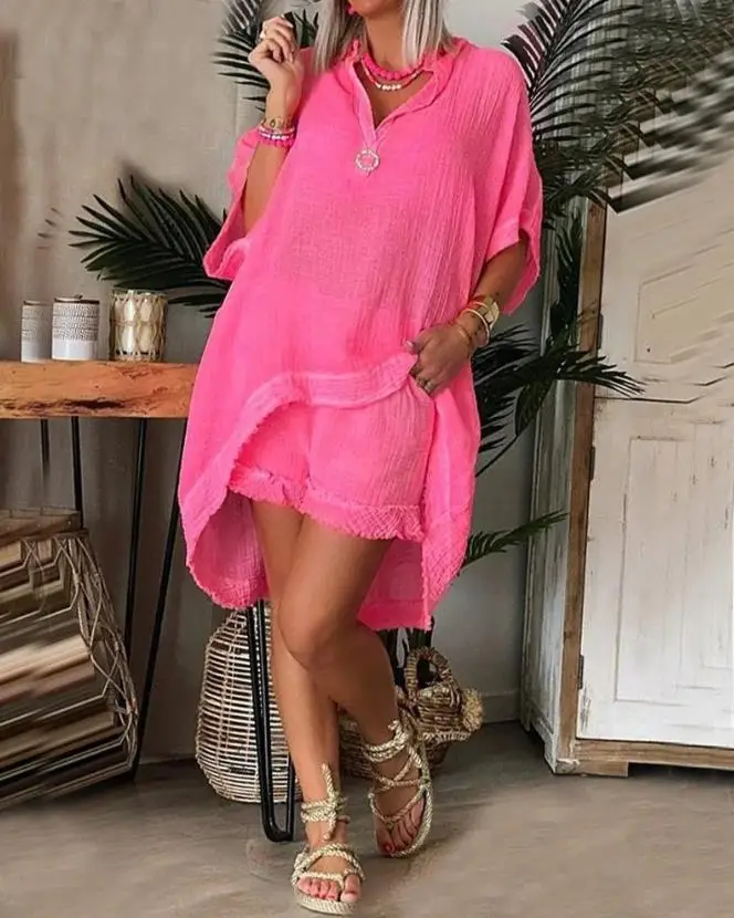 Women's Shorts Set 2023 New Solid Color Sweet Heart Shape Hollow Out Asymmetrical Top and Edge Hem Tassel Casua Shorts Set