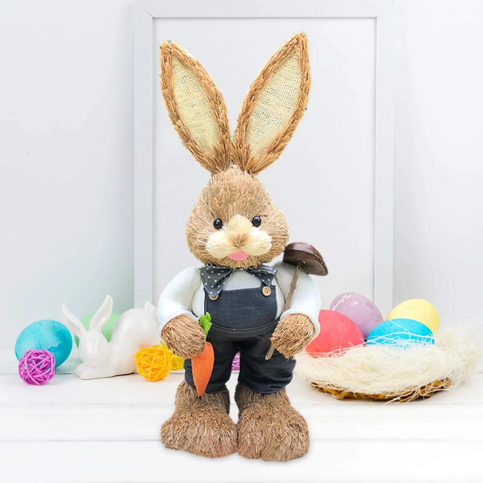 Straw Easter Bunny Figurine Decorative Standing Statue Animal Sculpture