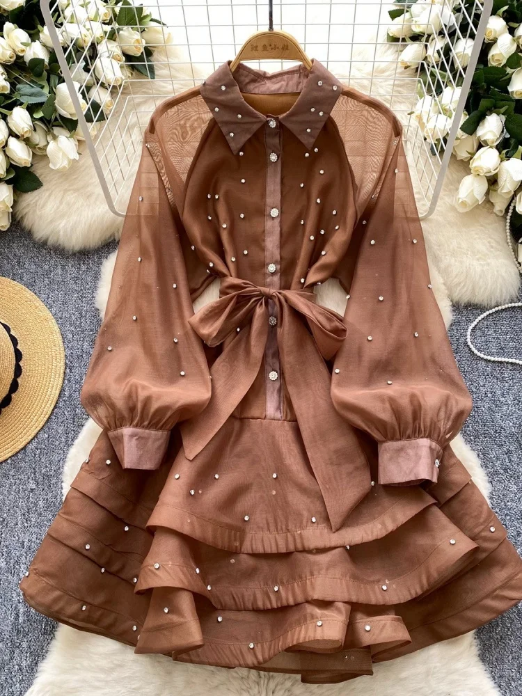 Wmstar Dress Women Wholesale French Style Heavy Diamond Encrusted Ruffled Women Spring Lace Up Cinched Waist Elegant Lace Puffy