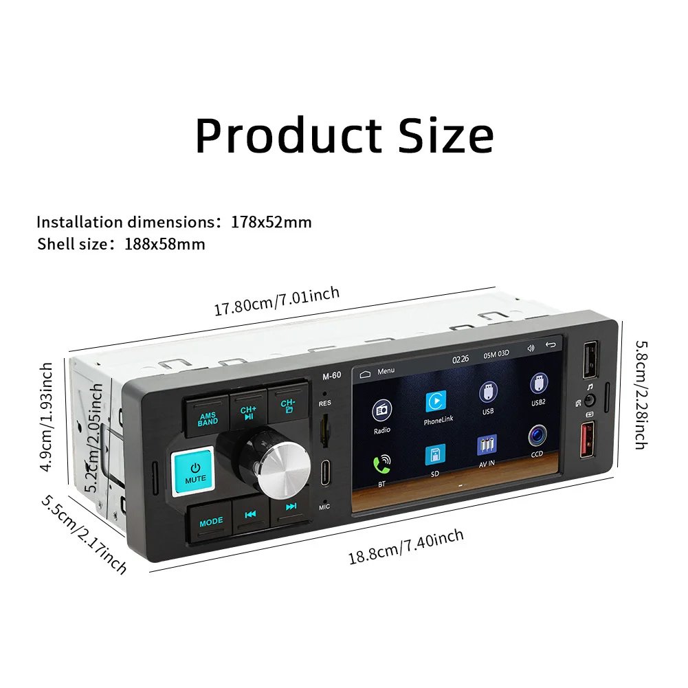 FM60 Single Din Car Stereo Radio Compatible For Ios Car Interaction System/Android Auto 4.1" Radio FM Audio Receiver