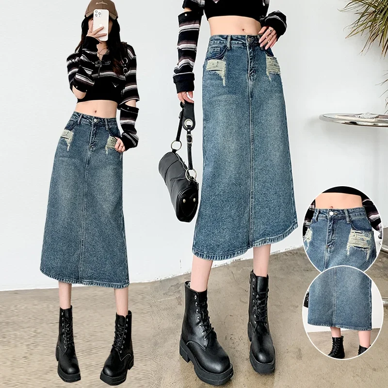 

Ladies Fashion Mid Length Denim Skirt Women Clothes Female Girls Spring Summer Autumn Casual Streetwear OL Long Skirt Vy9910