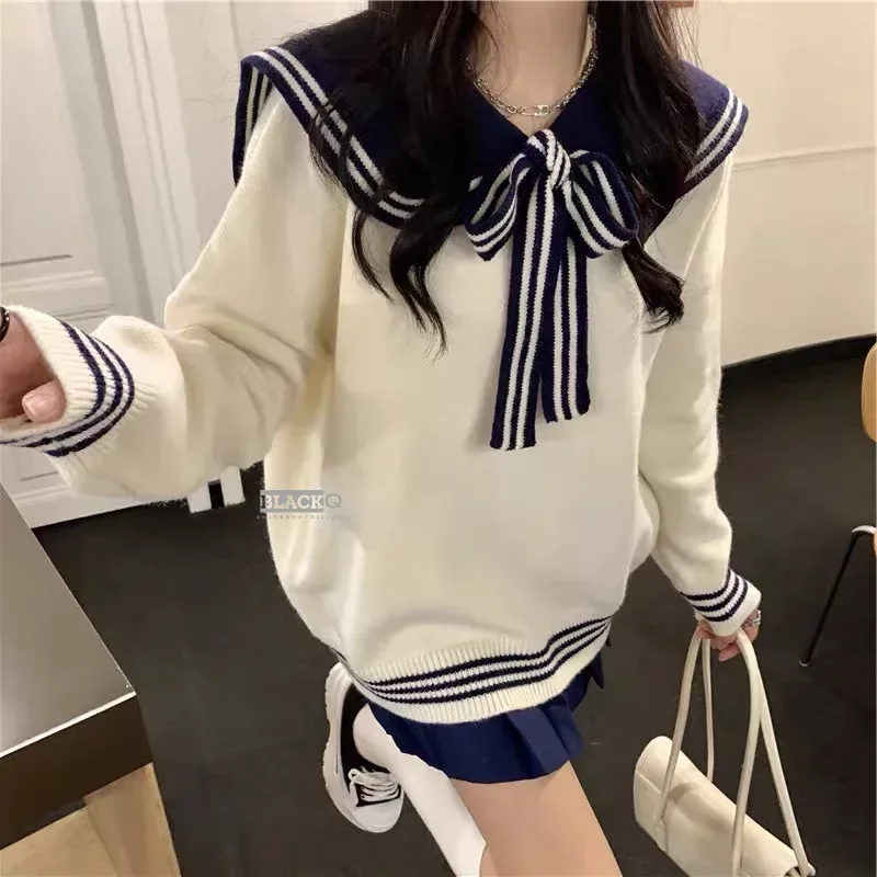 

Новый винтажный элегантный вязаный свитер, Женский пуловер с матросским воротником, в стиле преппи, на шнуровке, свободный осенне-зимний женский джемпер, повседневный