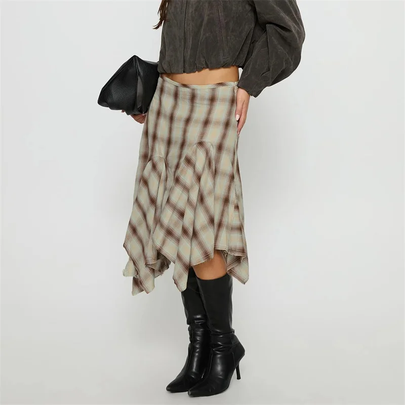 Women Plaid Skirt Y2K Vintage Irregular Loose Summer Midi Skirt for Casual Daily High Street Retro Aesthetic Streetwear 5
