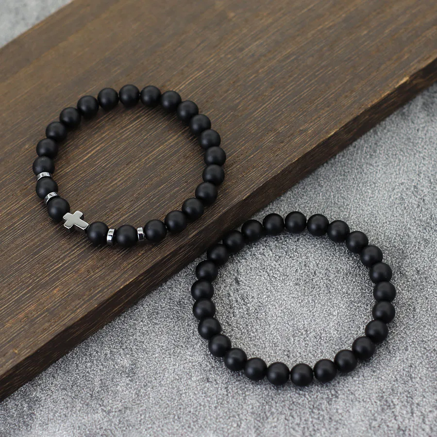 Men Wooden Cross Hematite Healing Beaded Wrap Bracelet Set
