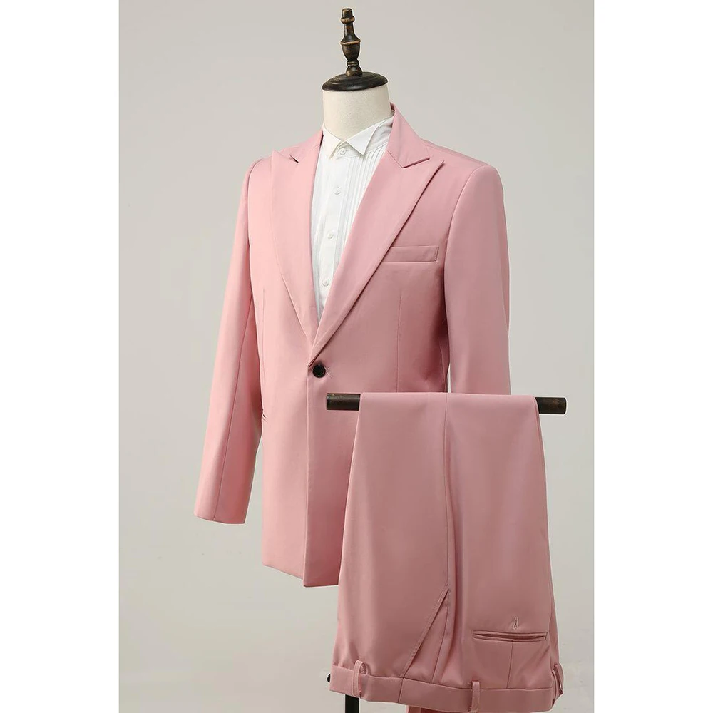 Fresh Cute Pink Slim Men's Suit 2 Pieces Single Button Peak Lapel Set Daily Fashion Male(Blazer+Pants)