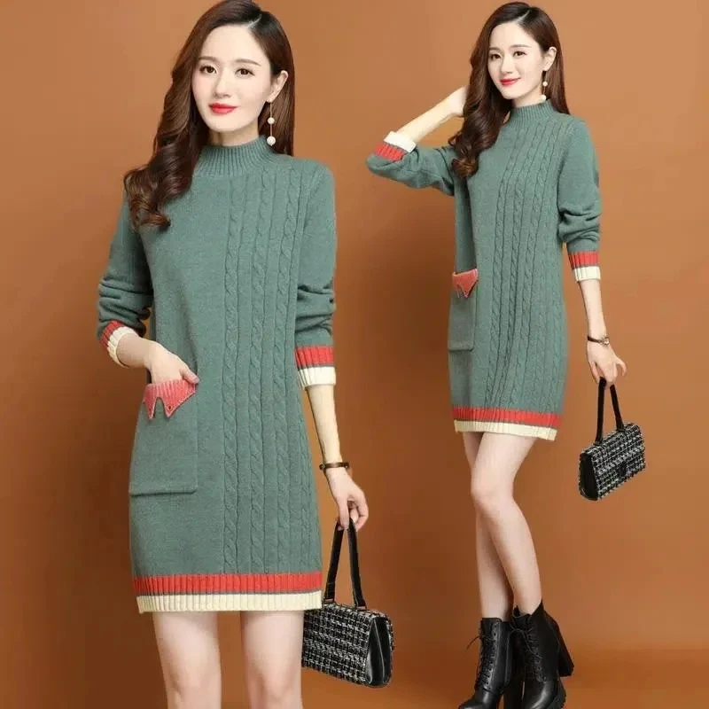 

Autumn Women Sweater Dress Pullover New Matching Color Half Turtleneck Long Knitted Sweaters Female Winter Warm Jumper Tops 3XL