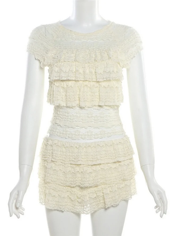 Wmstar Two Piece Shorts Sets 2025 Wholesale Sexy Sweet Solid Color Hollow Out Slim Pleated Shorts Suit Drop Shopping New Summer