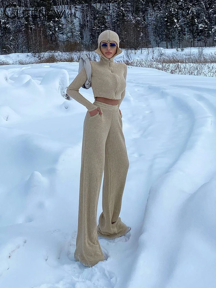 Classic Sporty Women 2Piece Set Concise Autumn Tracksuits Solid Hooded Zip-up Crop Tops+Matching Pants Female Knit Suits