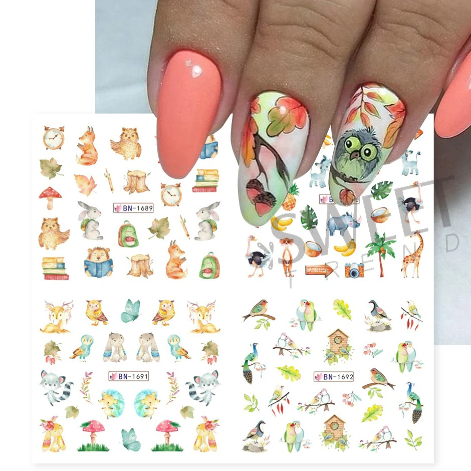 nail stickers 12pcs Hedgehog Animal Pine Cones Gold Fall Design Watercolor Winter Manicure Transfer Sliders