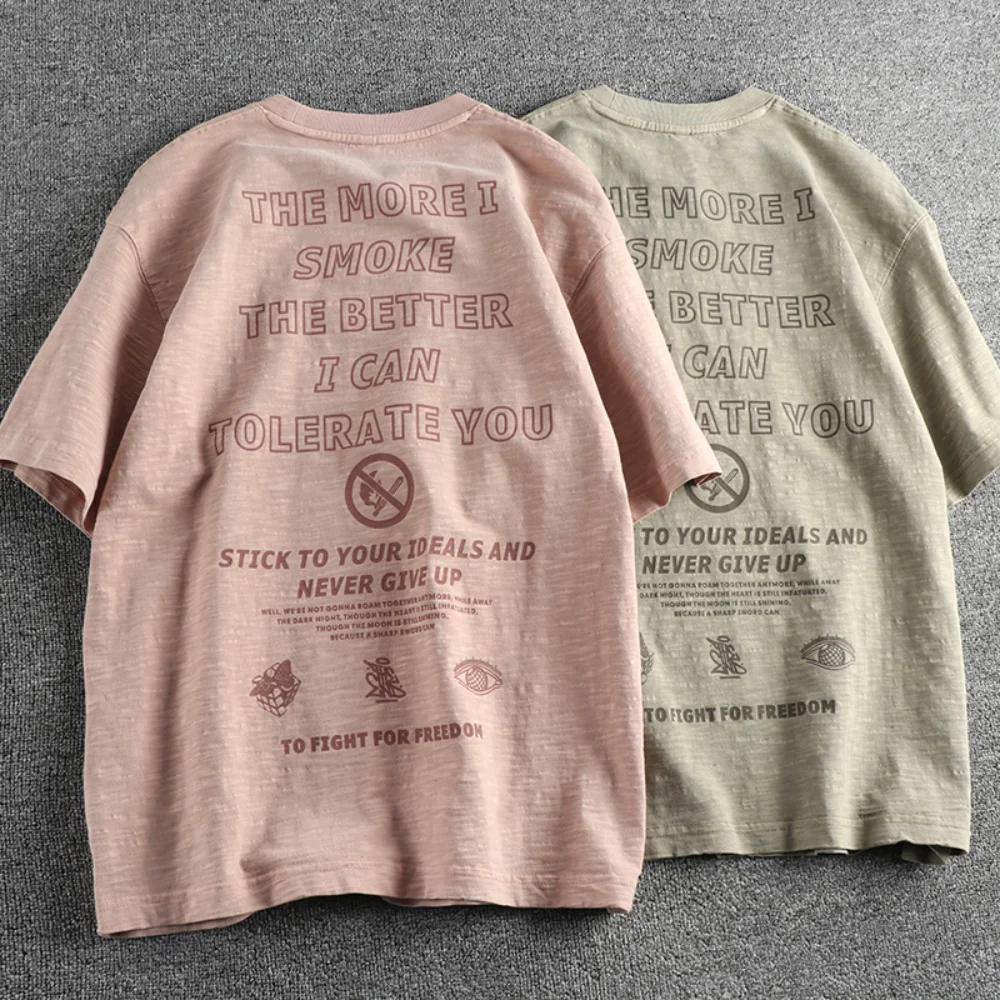 Estate New Heavy Wash Water To Do Old Vintage Bamboo Cotton T-Shirt Manica Corta Da Uomo Double Face Letter Printing American Tren