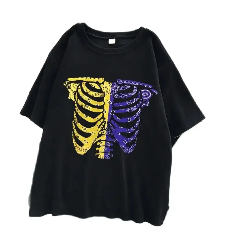 

New Skull Printed Rib Jacket Korean Version Loose Gothic Style Short Sleeve T-shirt Wholesale Women Tops Harajuku Oversized Tee