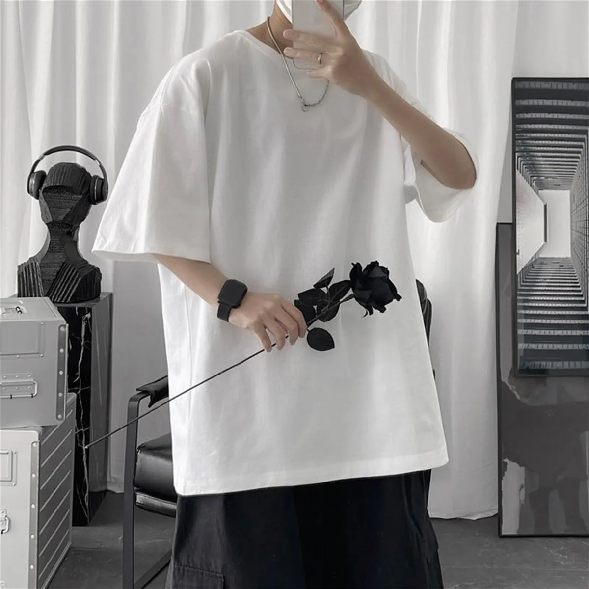 Cotton Summer Fashion Men's T Shirt Casual Solid Short Sleeve Classical Tee Mens 100% Cotton Korean Hip-Hop Top Tees Black White