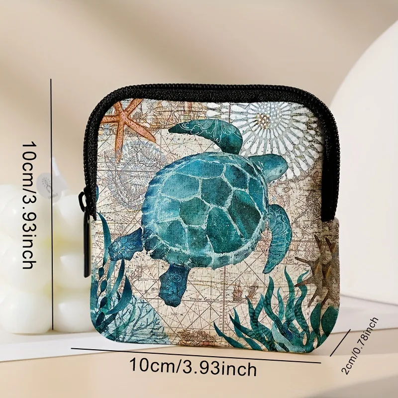 Turtle Print Coin Purse Artificial Leather Colorful Zipper Storage Pouch Multifunctional Mini Earphone Bag