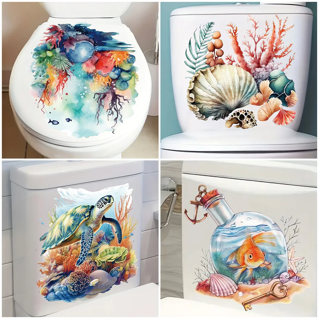 Underwater Coral Starfish Toilet Sticker Removable Waterproof Bathroom Decor Self-Adhesive Wall Decals for Bathroom Makeover