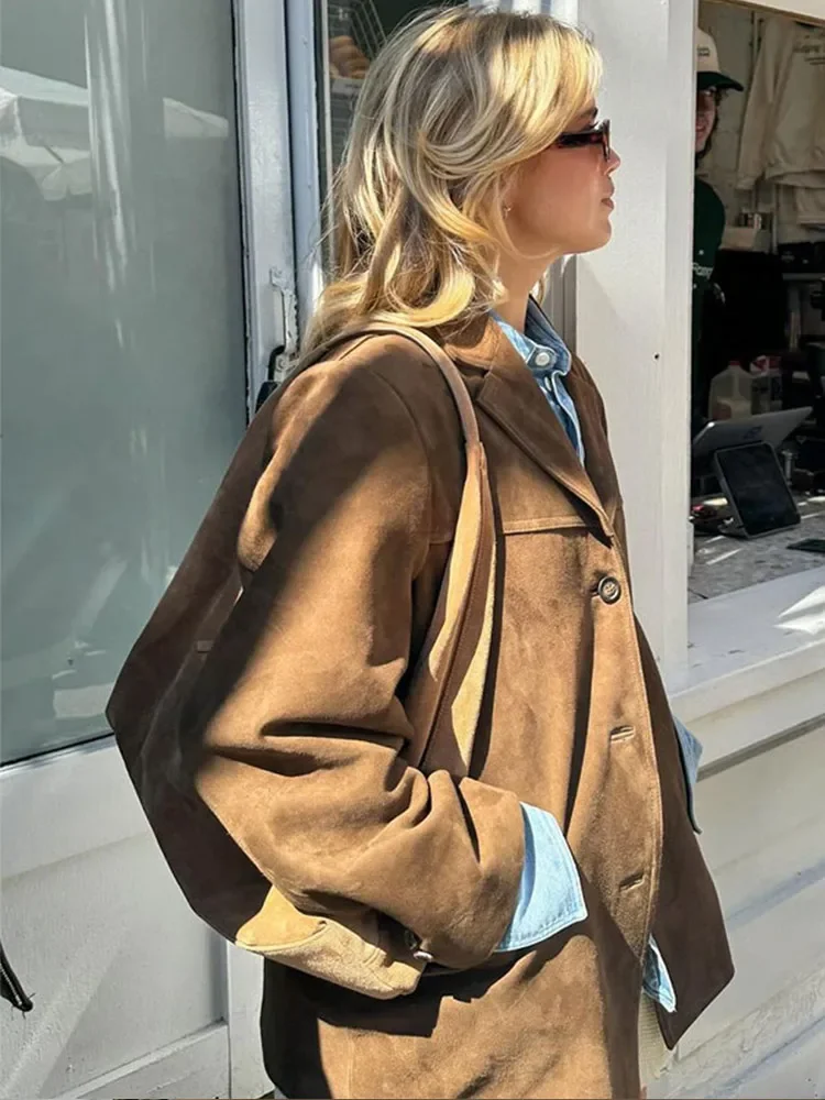 Autumn Brown Suede Jacket With Lapel Woman Casual Single Breasted Pocket Long Sleeve Short Coat 2024 Lady High Street Outwear 4