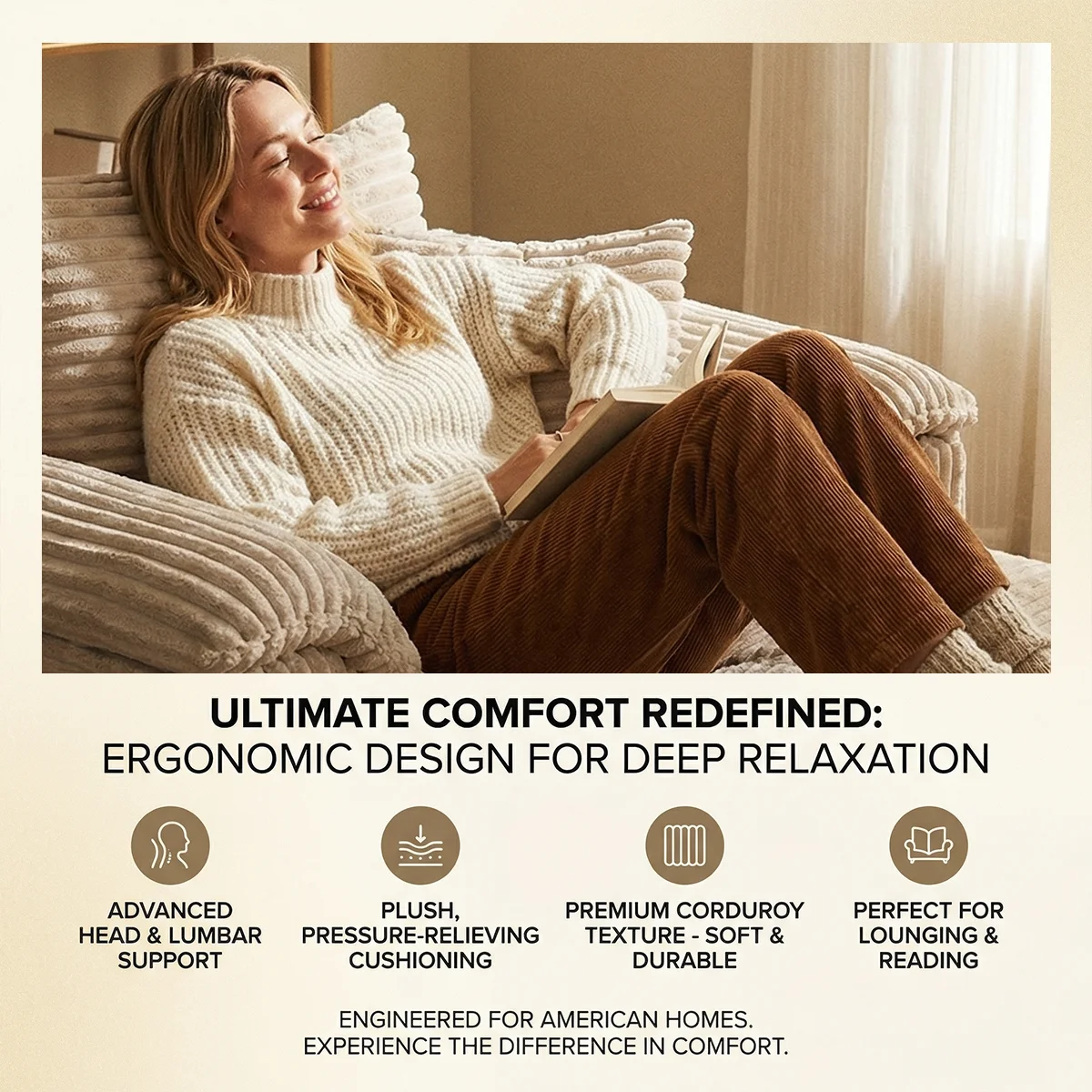 High Resilience Reclining Sofa Chair, Indoor Frameless Sofa Bed, Deep Seating Sleeper, Reading & Movie Lounge Chair, Cloud Soft