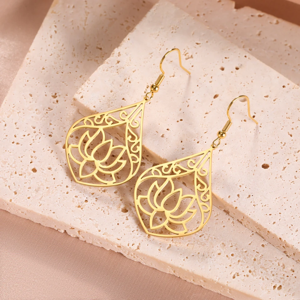 LIKGREAT Orecchini con fiore di loto in acciaio inossidabile elegante ciondolo con goccia di Chakra Mandala donne che curano i gioielli di Yoga spiruale del Buddha  36