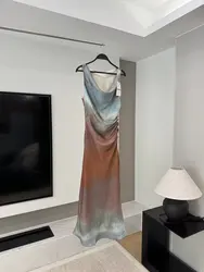 Women's New Chic Fashion Pleated Decoration Slim Fit Drape Tie Dyed Printed Midi Dress Retro Sleeveless Women's Dress Mujer