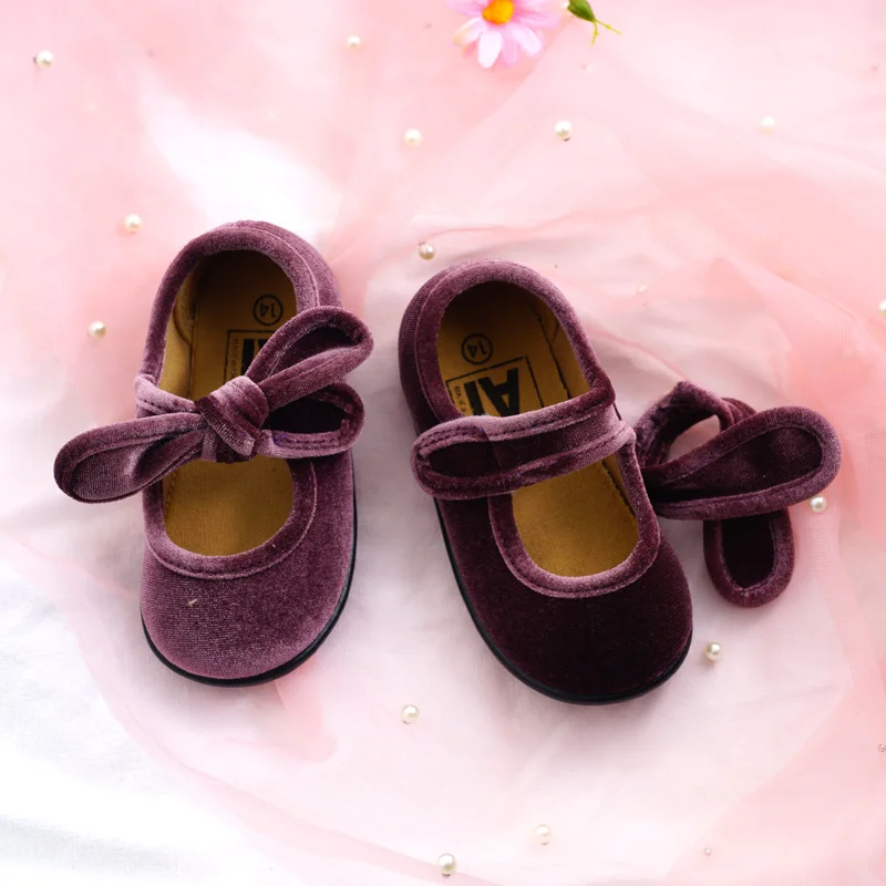 ULKNN Bow Flats for Kids First Walkers 2023 Spring Baby Girls Retro Toddlers Prewalkers Velvet Detachable Shoe Infant Purple red 3