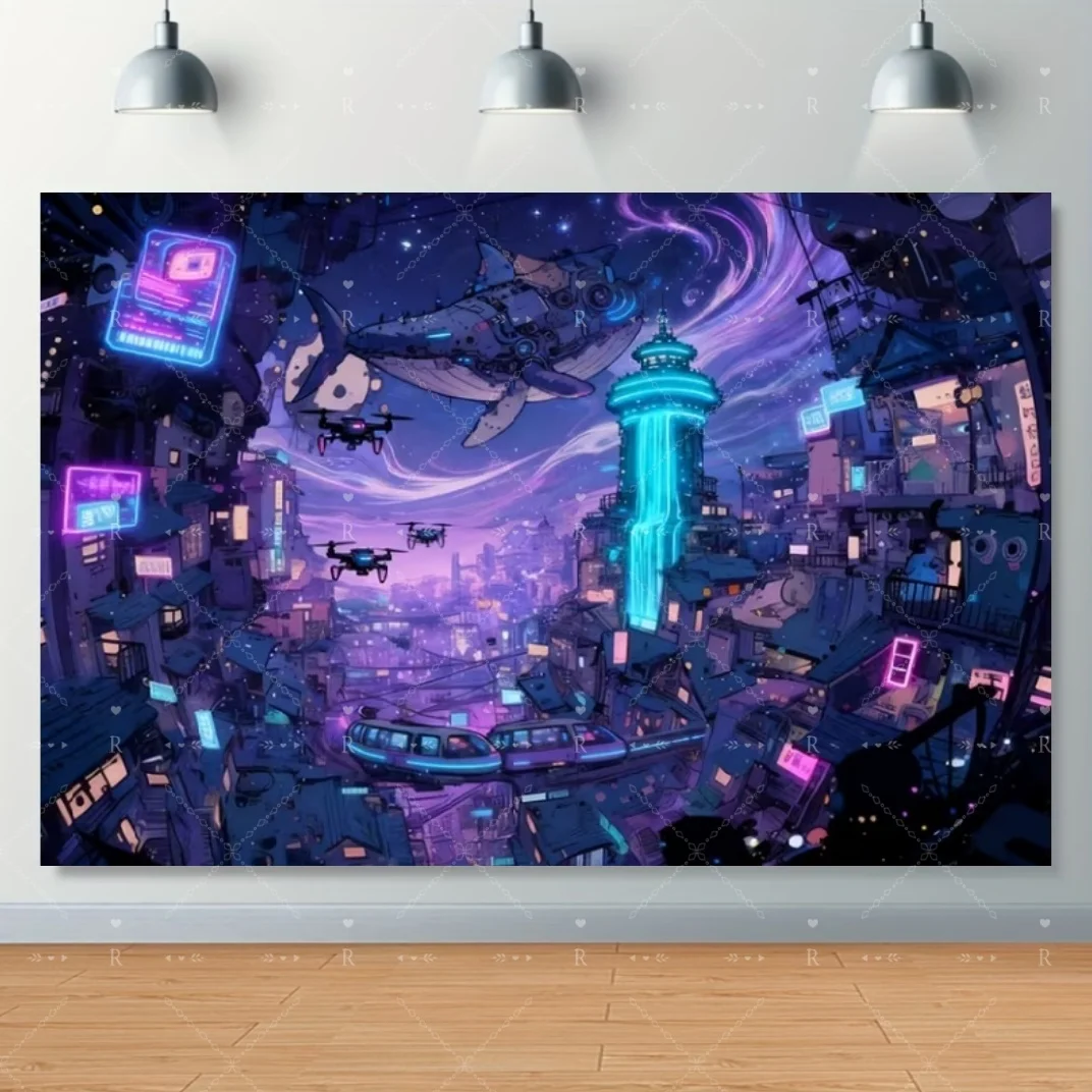 Futuristischer High-Tech-Stadt-Hintergrund Zukunftswelt Lichter Nachtszene Banner Blühende Cyberpunk-Stadt Gemälde Leinwand Poster – Detail 2