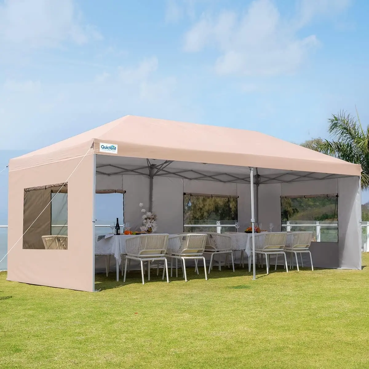 

Privacy 10x20 Canopy Tent with 6 Sidewalls Ez Pop up Party Tent Instant Shelter with Mesh Window for Outdoor Event-(Beige)
