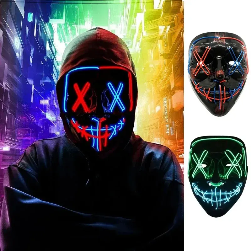 Glowing Mask LED Dual Color Glowing Masks Halloween Letter V Horror Mask Role-Playing Carnival Cold Light Mask