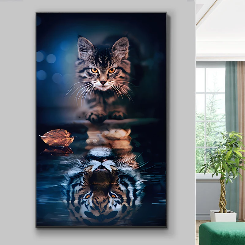 5D Diamond Painting Full Drill Tiger Mosaic Cat's Reflection Diamond Embroidery Kits Diy Rhinestones Painting Home Decor Gift