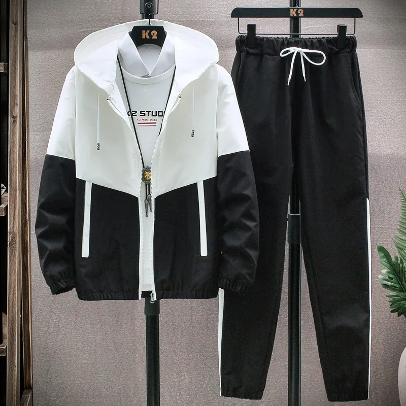 

Spring Autumn Men's Tracksuit Casual Hoodies Sets Jacket+Sweatpant 2 Pieces Suit Hip Hop Streetwear Sports Suits Patchwork