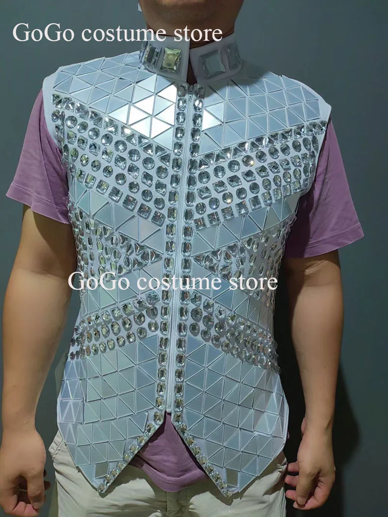 Male Singer Bar Nightclub Stage Crystal Sequins Vest Performance Clothes Drum Dance Coat Sparkly Rhinestones Mirror Waistcoat 6
