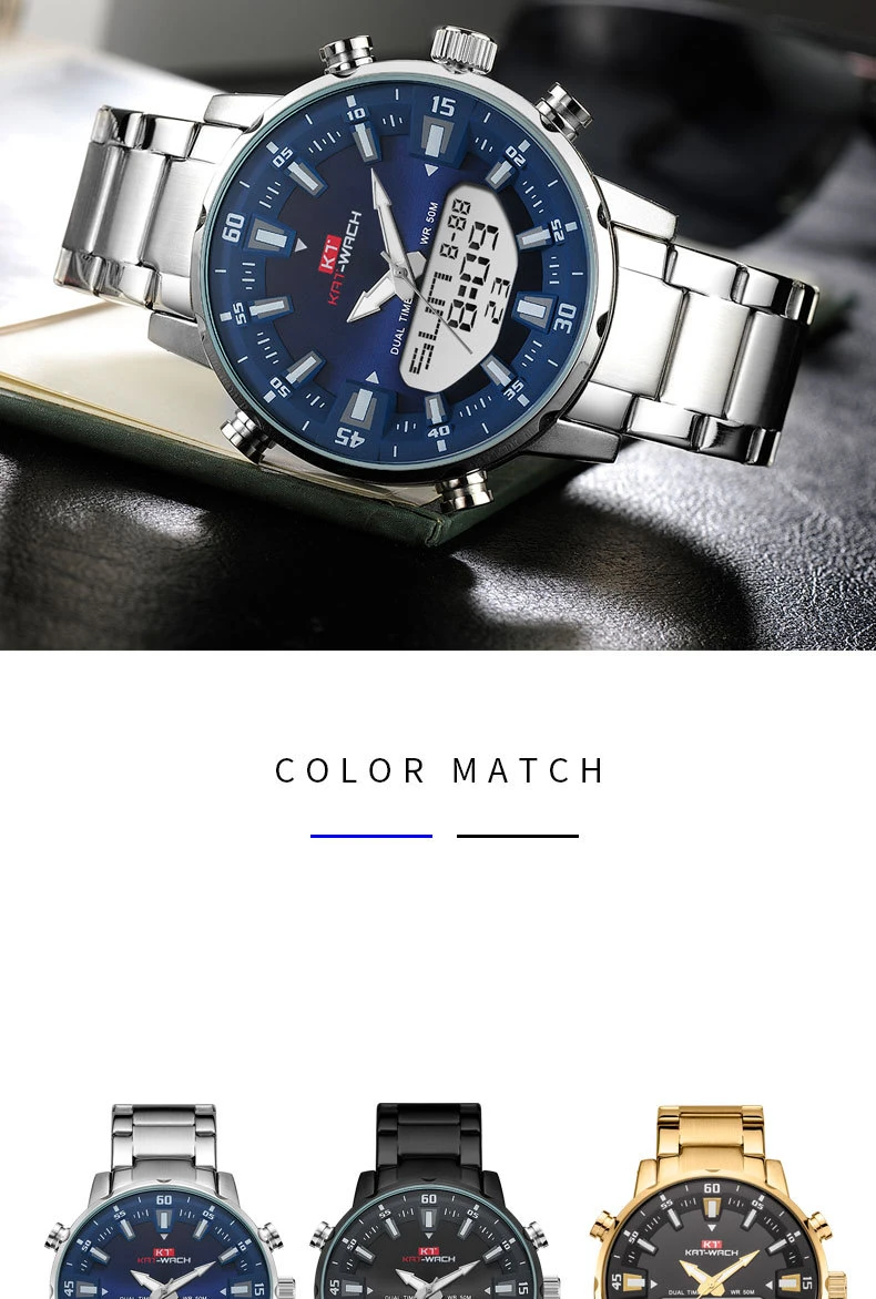 KAT-WACH Top Brand Men Watch Waterproof Sports Digital Watches Men LED Steel Military Quartz Watch For Men Wristwatch Relogio