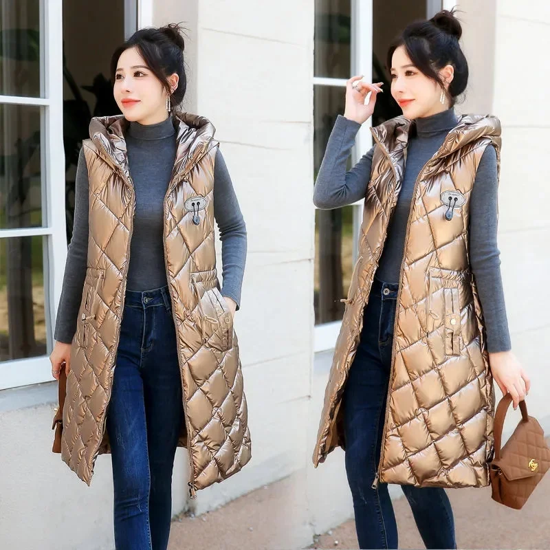 2023 New Women Winter Glossy Cotton Vest Jacket Hooded Warm Padded Long Coat Fashion Female Waistcoat Outerwear Loose Parka