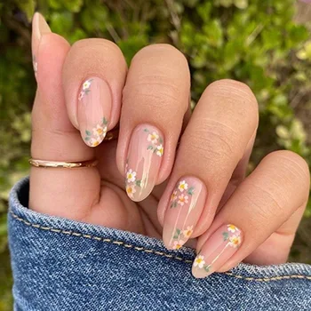 24pcs Press on Nails Summer Almond Flowers Full Coverage Nail Tips for Women&Girl Detachable Wearable Nail Art Daily Wear