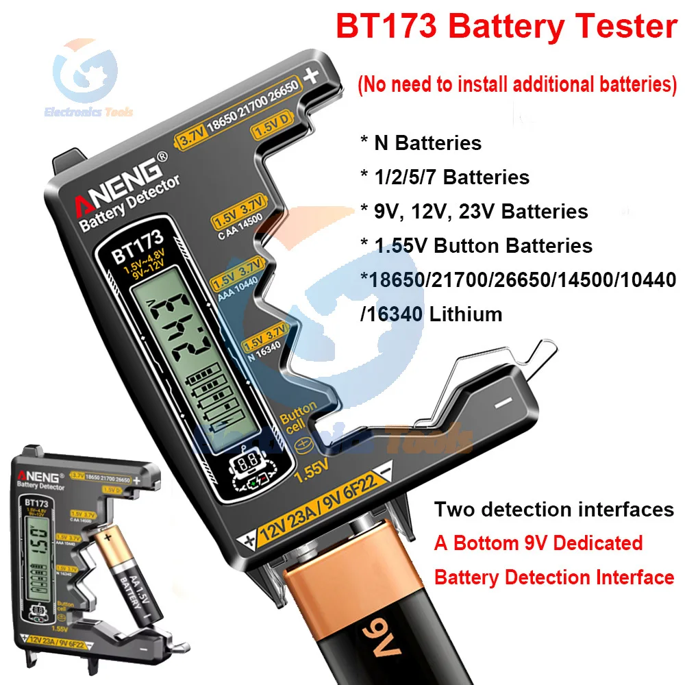 BT173 Tester batteria Cella a bottone Controllo salute Digitale 18650 Misuratore di tensione batteria al litio Strumento diagnostico batterie universali