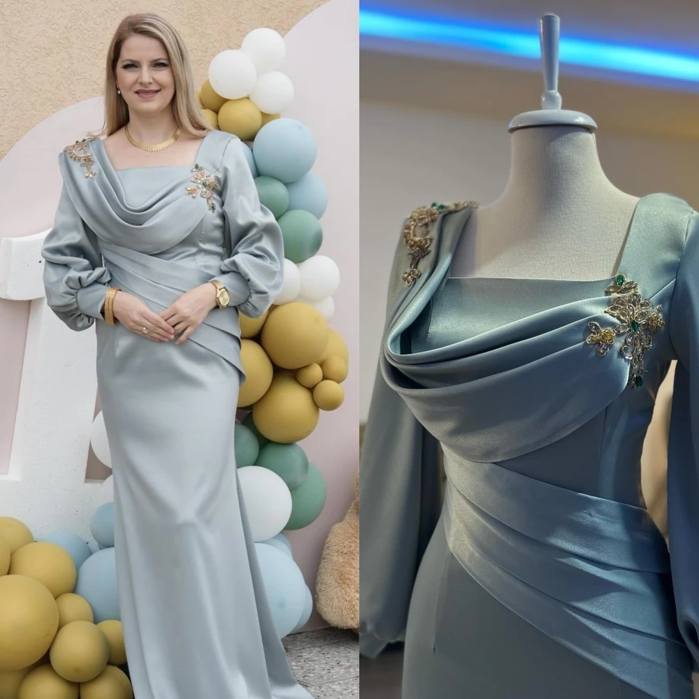 Satin Pleat Beading Engagement A-line Square Neck Bespoke Occasion Gown Long Dresses