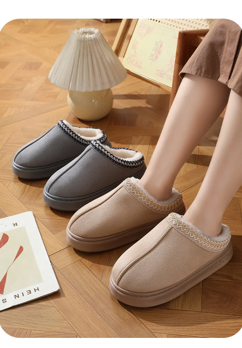 شبشب منزلي للزوجين عالي الجودة بلون سادة جديد من جلد الغزال الصناعي، نعل سميك، غير قابل للانزلاق، خفيف الوزن، دافئ من القطن للنساء