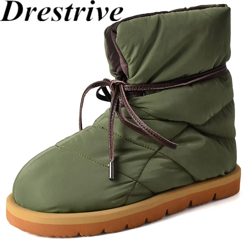 

Drestrive 2023 Winter Shoes Down Fabric Flat With Heel Fashion Women Ankle Boots Round Toe Big Size 43 Green High Quality