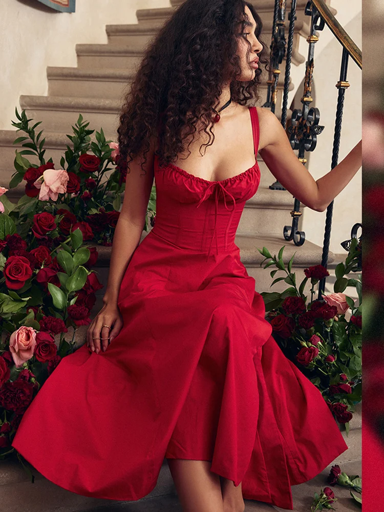 Suninheart Elegant Line Midi Dress Sexy Strap Lace Up Red Party Dresses Split Summer Dresses Women 2023 - Dresses - AliExpress