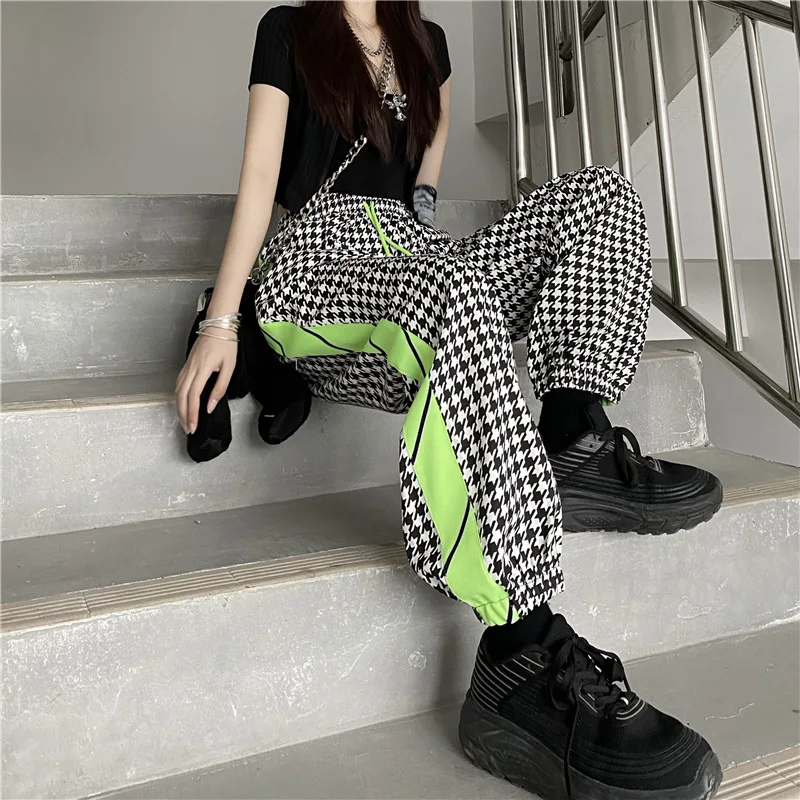 

Houndstooth Sport Pants Women New Spring Loose Casual Jogger Pants High Street Side Spell Color Cargo Trousers Female s02