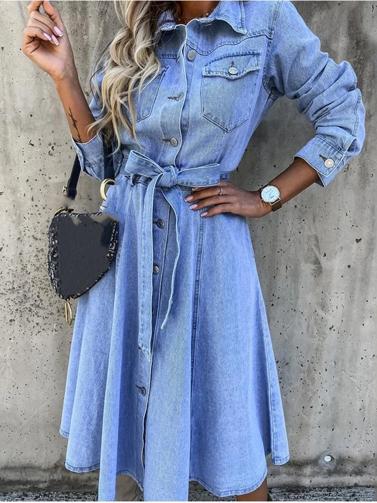 

Ladies High Waist With Belt Dress Autumn Fashion Casual Lapel Denim Long Dress Women Elegant Solid Single-Breasted Pocket Dress