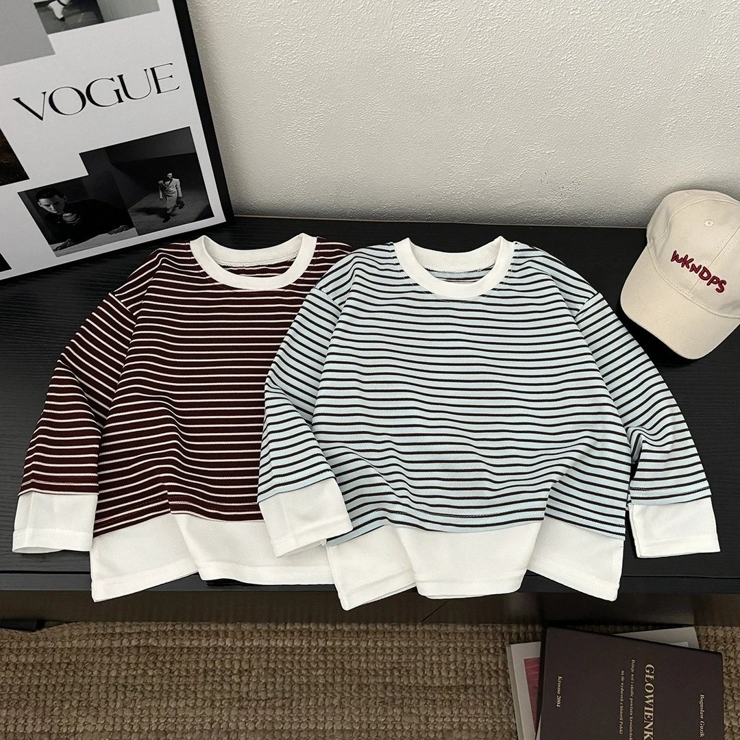 Kids Striped Long Sleeve Sweatshirt, Boys Girls Fake Two Piece Crew Neck Top, Children's Casual Loose Pullover for Spring Autumn