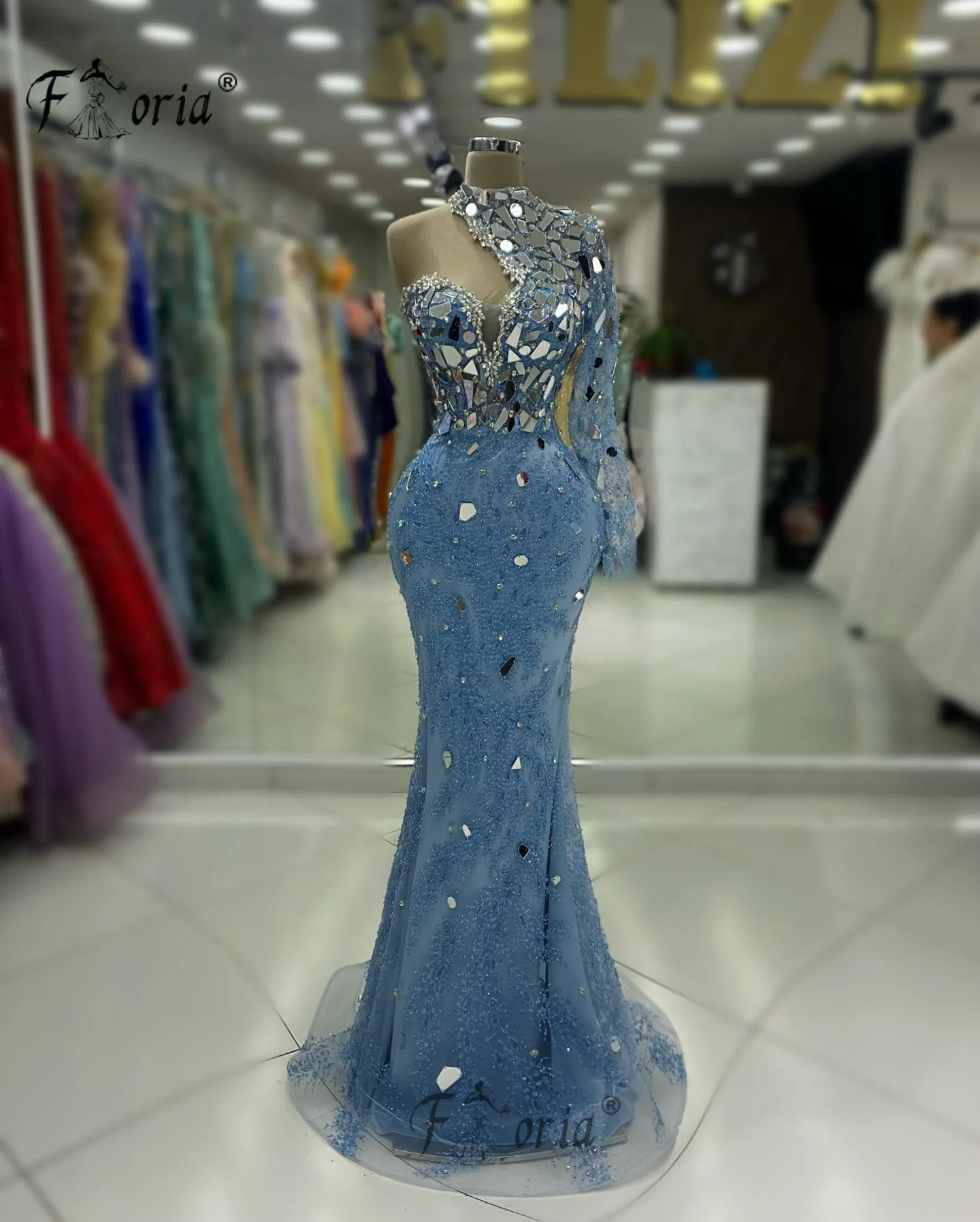 

Женское вечернее платье с юбкой годе, синее платье на одно плечо с кристаллами, украшенное бусинами